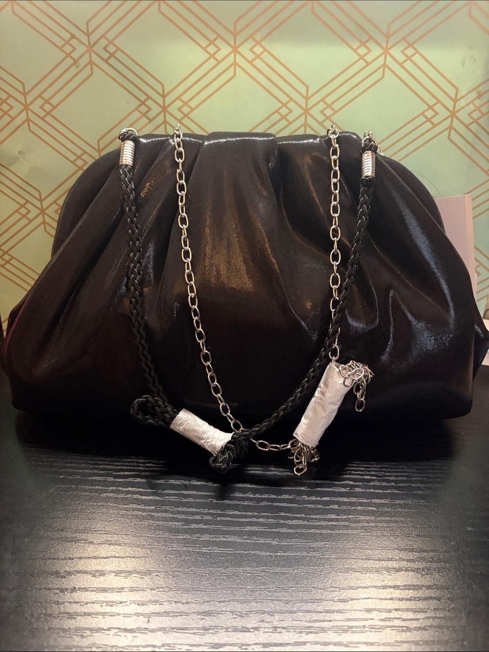 Nina Black Glossy Gathered Shoulder Clutch with Chain